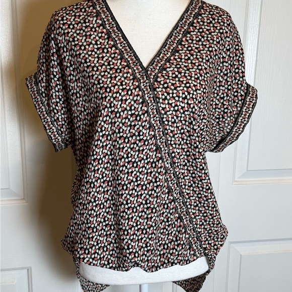 Max Studio Printed Faux Wrap Blouse Black Red Ivory Short Sleeve Size S - Picture 6 of 10